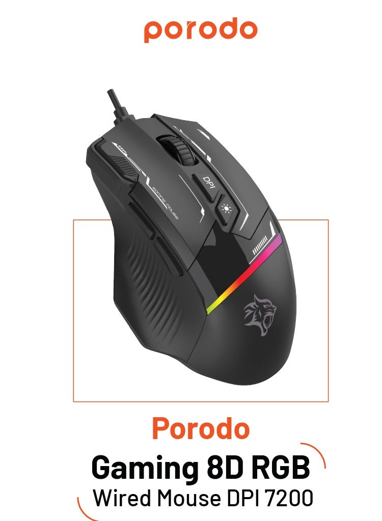 8D RGB Wired Mouse DPI 7200 Porodo Gaming PDX321 - Black