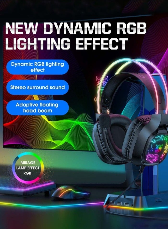 X22 Over-Ear Gaming Wired Headphones,Gaming Headset with Micphone,LED Light RGB Gamer Stereo Earphones for PS4/PS5/XOne/XSeries/NSwitch/PC,Black