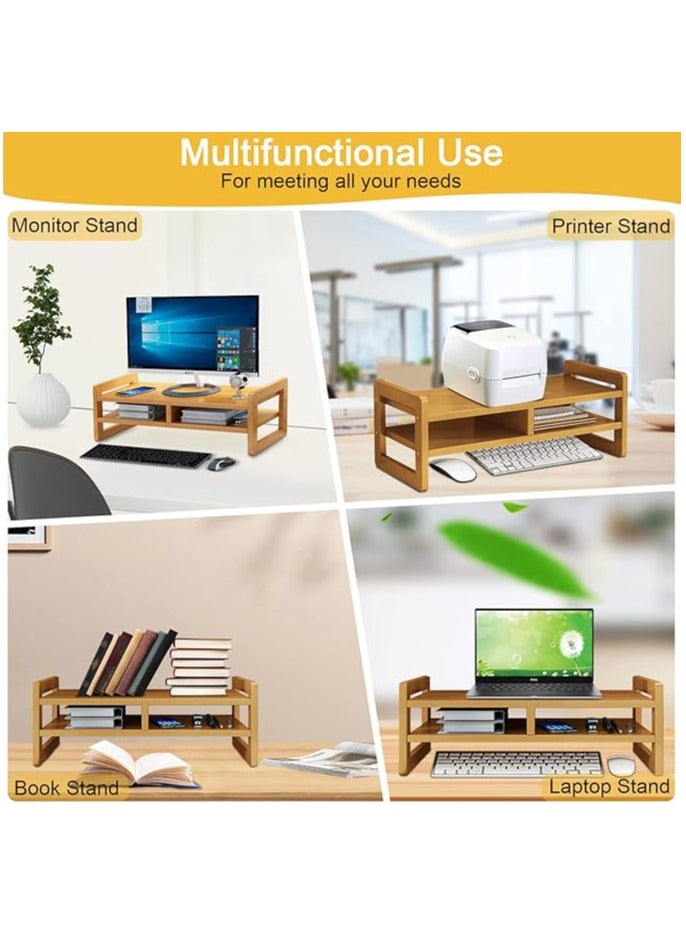 Monitor Stand Riser 2 Tier Computer Monitor Stand Bamboo Desktop Stand with Storage Organizer PC Laptop TV Printer Monitor Stand Adjustable Height for Office and Home Use 51x17x15cm