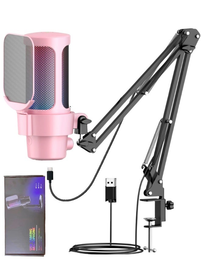 Gaming Microphone, USB PC Mic for Streaming/Podcasts/Recording, Condenser Computer Desktop Mic on Mac/PS4/PS5, with RGB Control, Mute Touch, Headphone Jack, Pop Filter, Package with Metal Adjustable Studio Microphone Stand, Color Pink