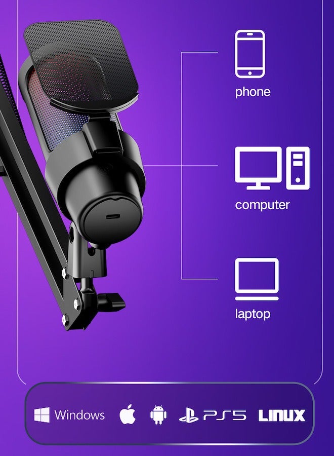 Gaming Microphone, USB PC Mic for Streaming/Podcasts/Recording, Condenser Computer Desktop Mic on Mac/PS4/PS5, with RGB Control, Mute Touch, Headphone Jack, Pop Filter, Package with Metal Adjustable Studio Microphone Stand, Color Pink