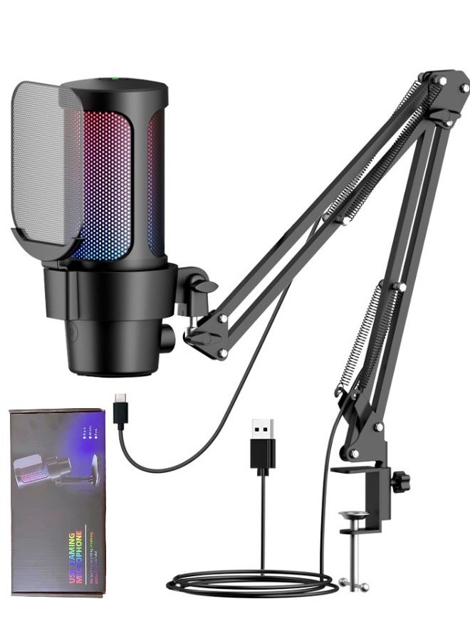 Gaming Microphone, USB PC Mic for Streaming/Podcasts/Recording, Condenser Computer Desktop Mic on Mac/PS4/PS5, with RGB Control, Mute Touch, Headphone Jack, Pop Filter, Package with Metal Adjustable Studio Microphone Stand, Color Black