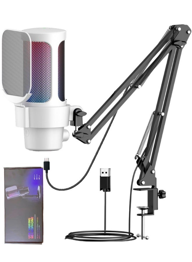 Gaming Microphone, USB PC Mic for Streaming/Podcasts/Recording, Condenser Computer Desktop Mic on Mac/PS4/PS5, with RGB Control, Mute Touch, Headphone Jack, Pop Filter, Package with Metal Adjustable Studio Microphone Stand, Color White