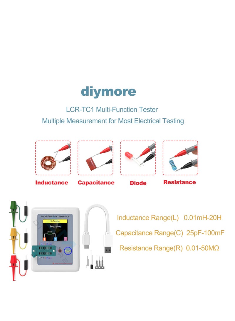 LCR TC1 Multi-Function Transistor Meter with Full Color Display for Testing Diodes Capacitors Resistors and MOSFETs