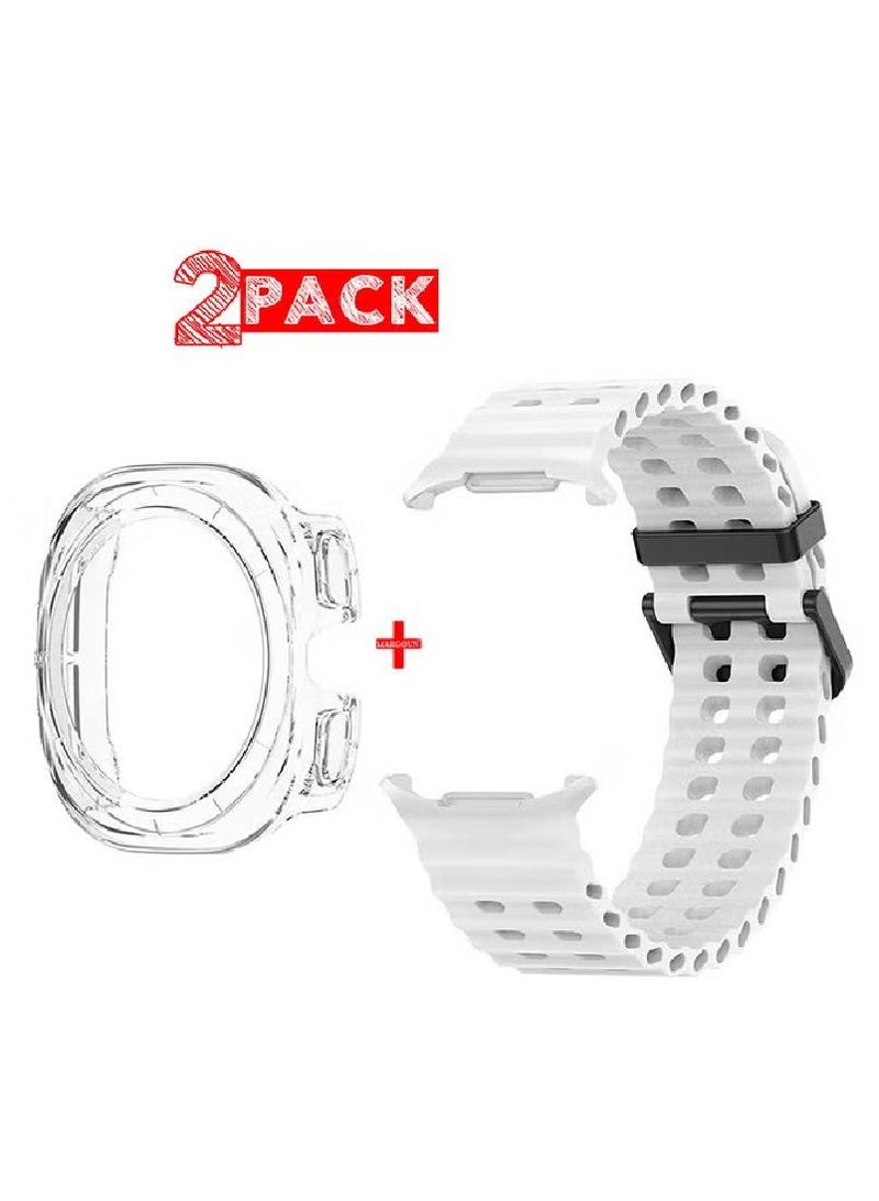 (for Samsung Galaxy Watch 7 Ultra 47mm) 2 Packs Silicone Band and Case, Soft Silicone Sport Strap Replacement Accessory White