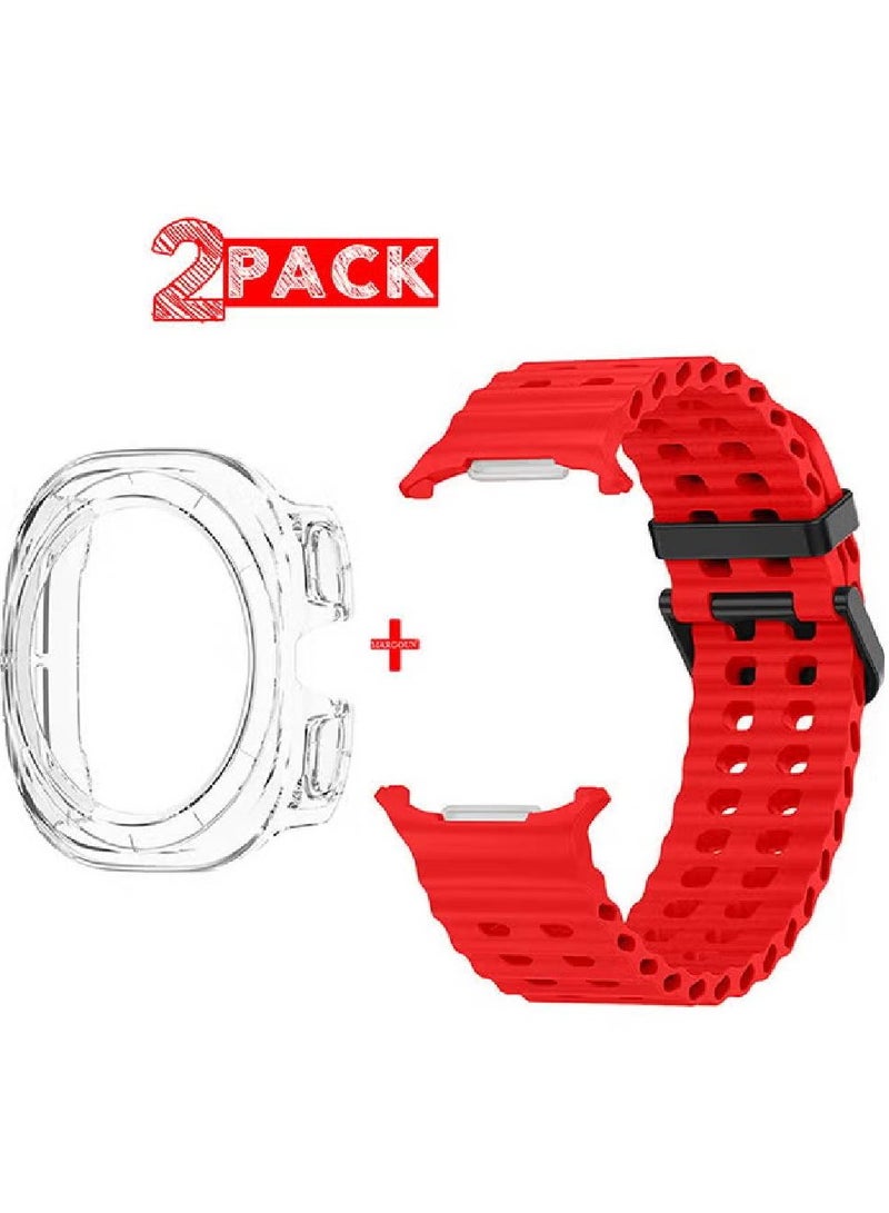 (for Samsung Galaxy Watch 7 Ultra 47mm) 2 Packs Silicone Band and Case, Soft Silicone Sport Strap Replacement Accessory Red