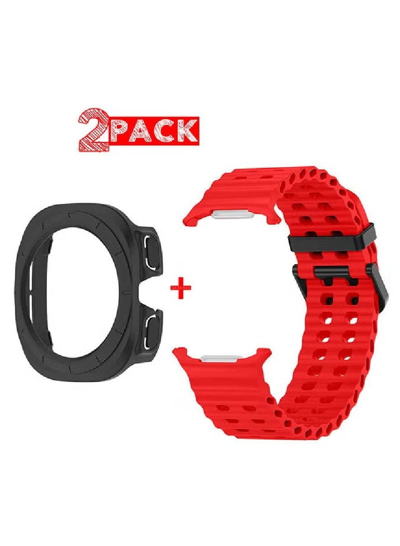 (for Samsung Galaxy Watch 7 Ultra 47mm) 2 Packs Silicone Band and Case, Soft Silicone Sport Strap Replacement Accessory