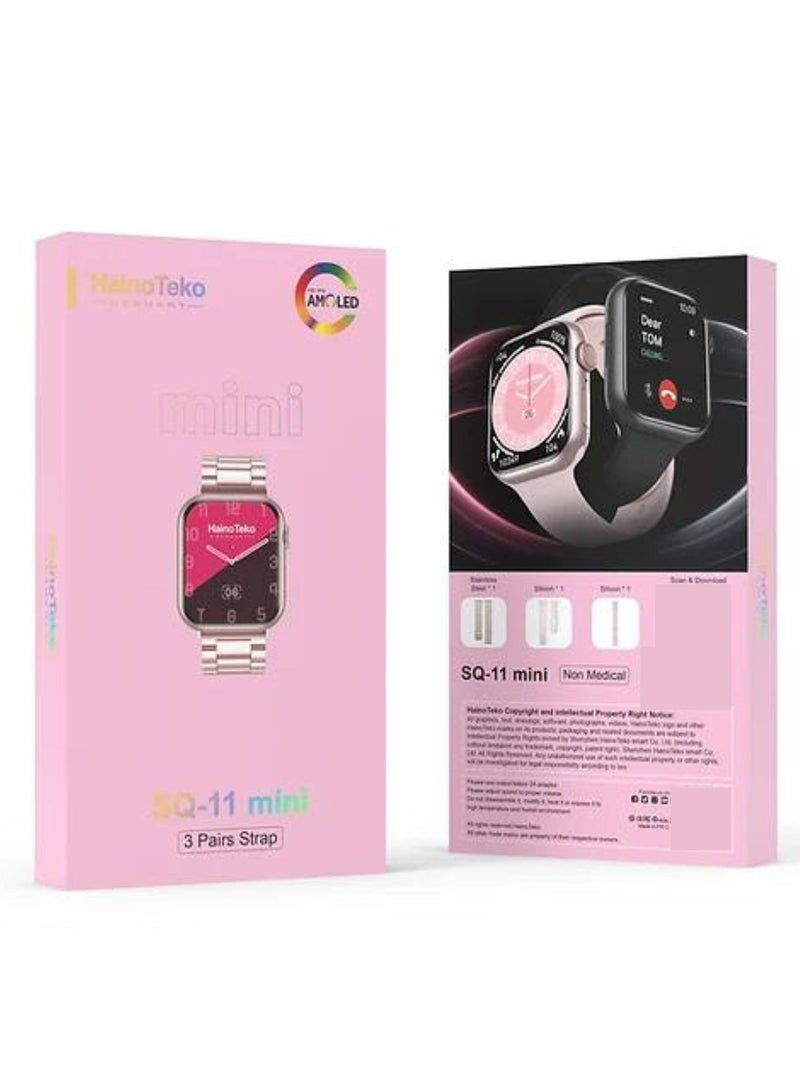 SQ-11 Mini Smart Watch with Real Waterproof Along 3 Straps Real Amoled Screen_Pink