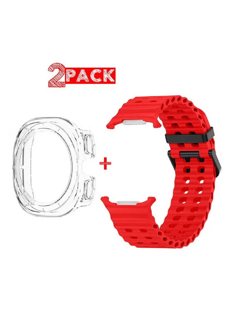 (for Samsung Galaxy Watch 7 Ultra 47mm) 2 Packs Silicone Band and Case, Soft Silicone Sport Strap Replacement Accessory Red