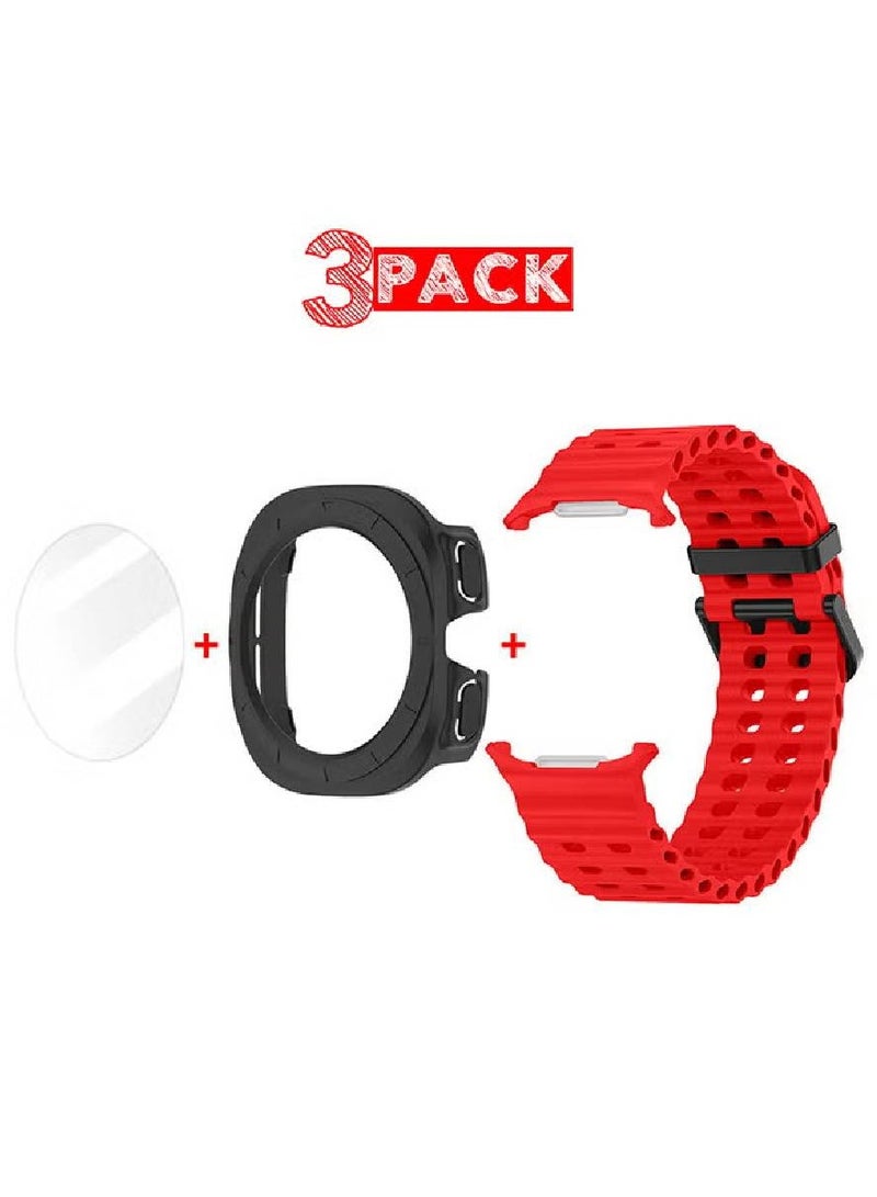 (for Samsung Galaxy Watch 7 Ultra) 3 Packs Silicone Band, Case and Screen Protector, Soft Silicone Sport Strap Replacement Accessory Red