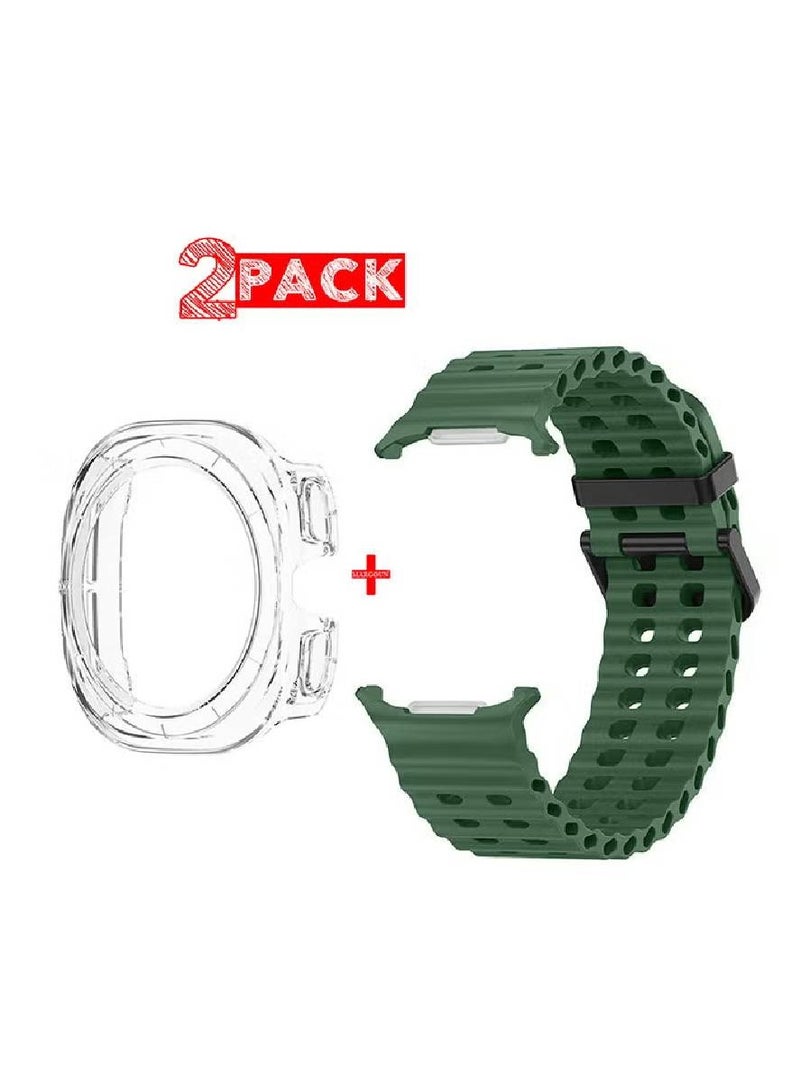 (for Samsung Galaxy Watch 7 Ultra 47mm) 2 Packs Silicone Band and Case, Soft Silicone Sport Strap Replacement Accessory Green