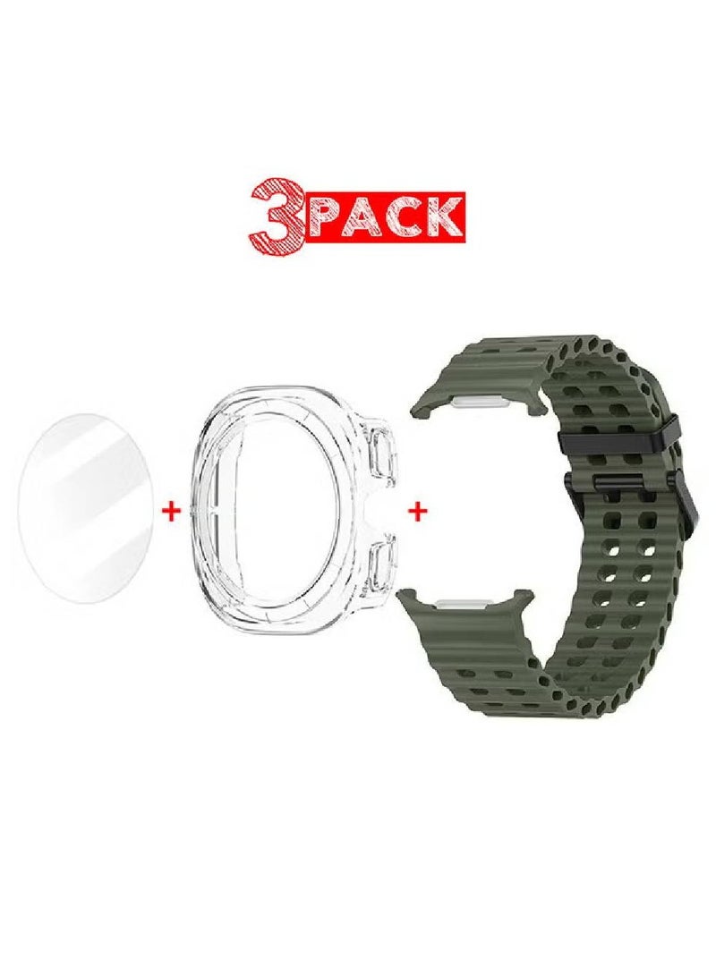 (for Samsung Galaxy Watch 7 Ultra) 3 Packs Silicone Band, Case and Screen Protector, Soft Silicone Sport Strap Replacement Accessory Dark Green