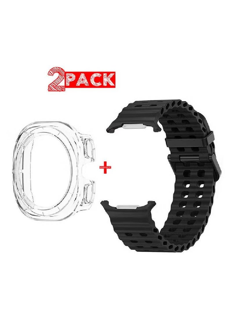 (for Samsung Galaxy Watch 7 Ultra 47mm) 2 Packs Silicone Band and Case, Soft Silicone Sport Strap Replacement Accessory Black