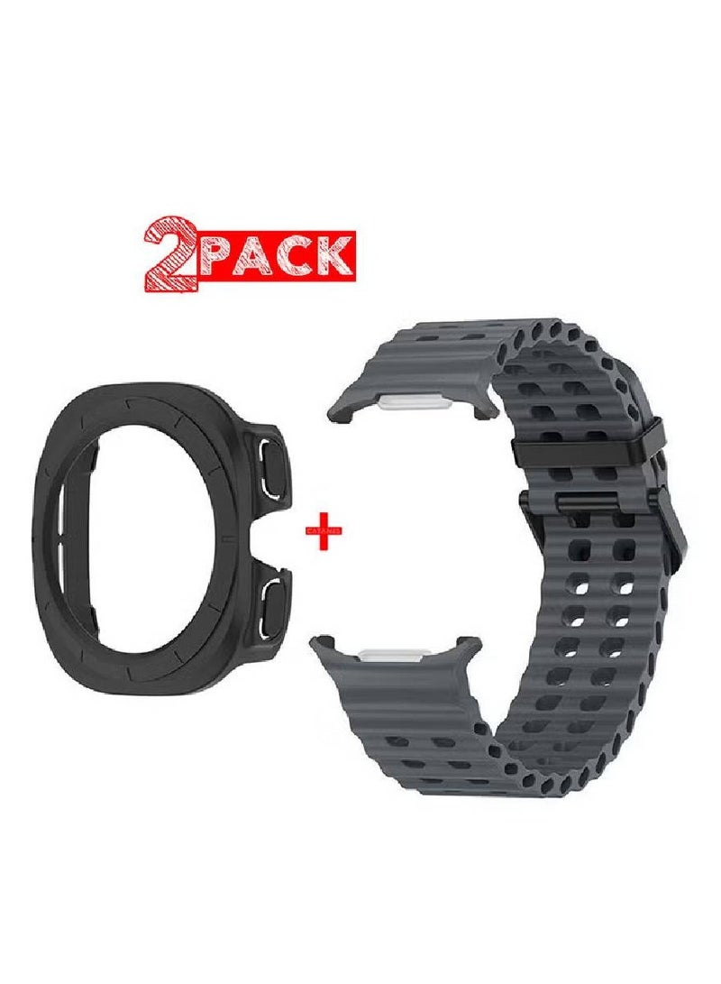 (for Samsung Galaxy Watch 7 Ultra 47mm) 2 Packs Silicone Band and Case, Soft Silicone Sport Strap Replacement Accessory