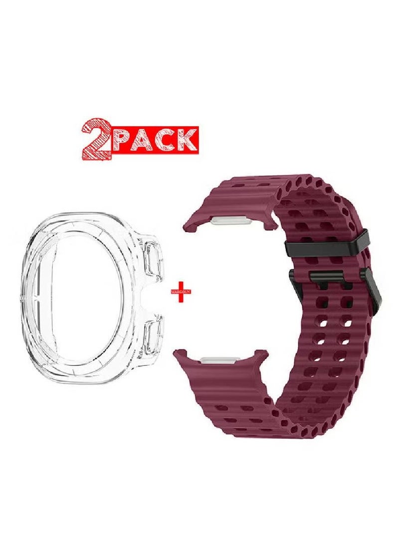 (for Samsung Galaxy Watch 7 Ultra 47mm) 2 Packs Silicone Band and Case, Soft Silicone Sport Strap Replacement Accessory Maroon