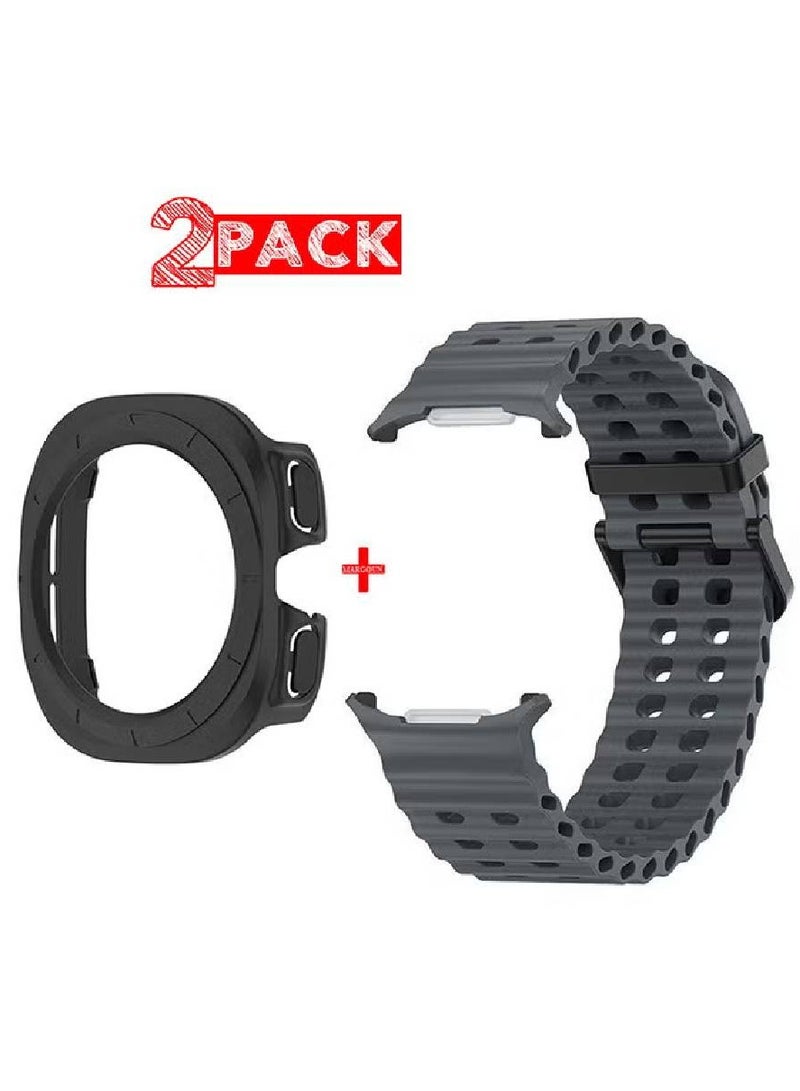 (for Samsung Galaxy Watch 7 Ultra 47mm) 2 Packs Silicone Band and Case, Soft Silicone Sport Strap Replacement Accessory Dark Grey