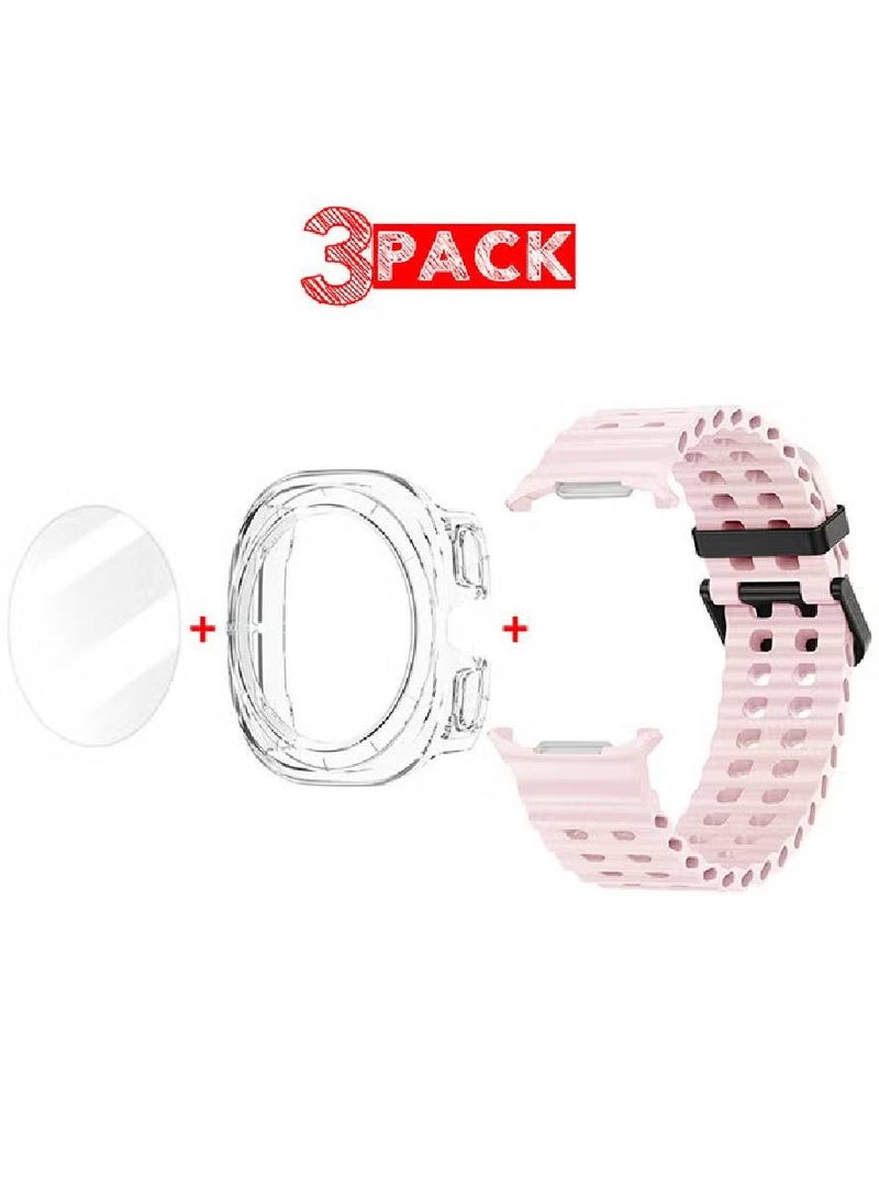 (for Samsung Galaxy Watch 7 Ultra) 3 Packs Silicone Band, Case and Screen Protector, Soft Silicone Sport Strap Replacement Accessory Light Pink