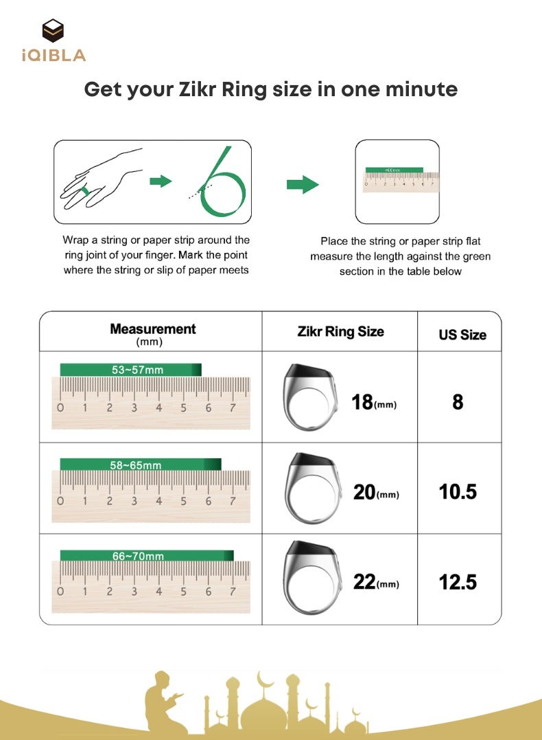 Smart Zikr Ring | 22 MM Prayer Counter, Tasbih Counter & Muslim Prayer Time Reminder | Waterproof Wearable Technology | Green