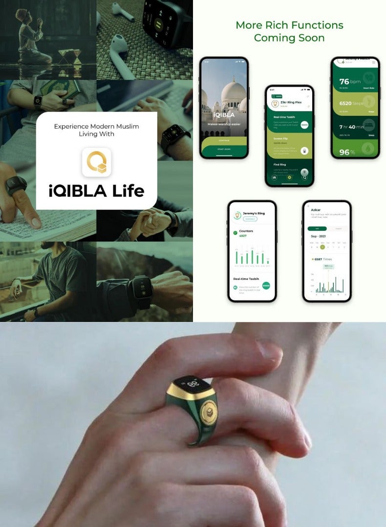 Smart Zikr Ring | 22 MM Prayer Counter, Tasbih Counter & Muslim Prayer Time Reminder | Waterproof Wearable Technology | Green