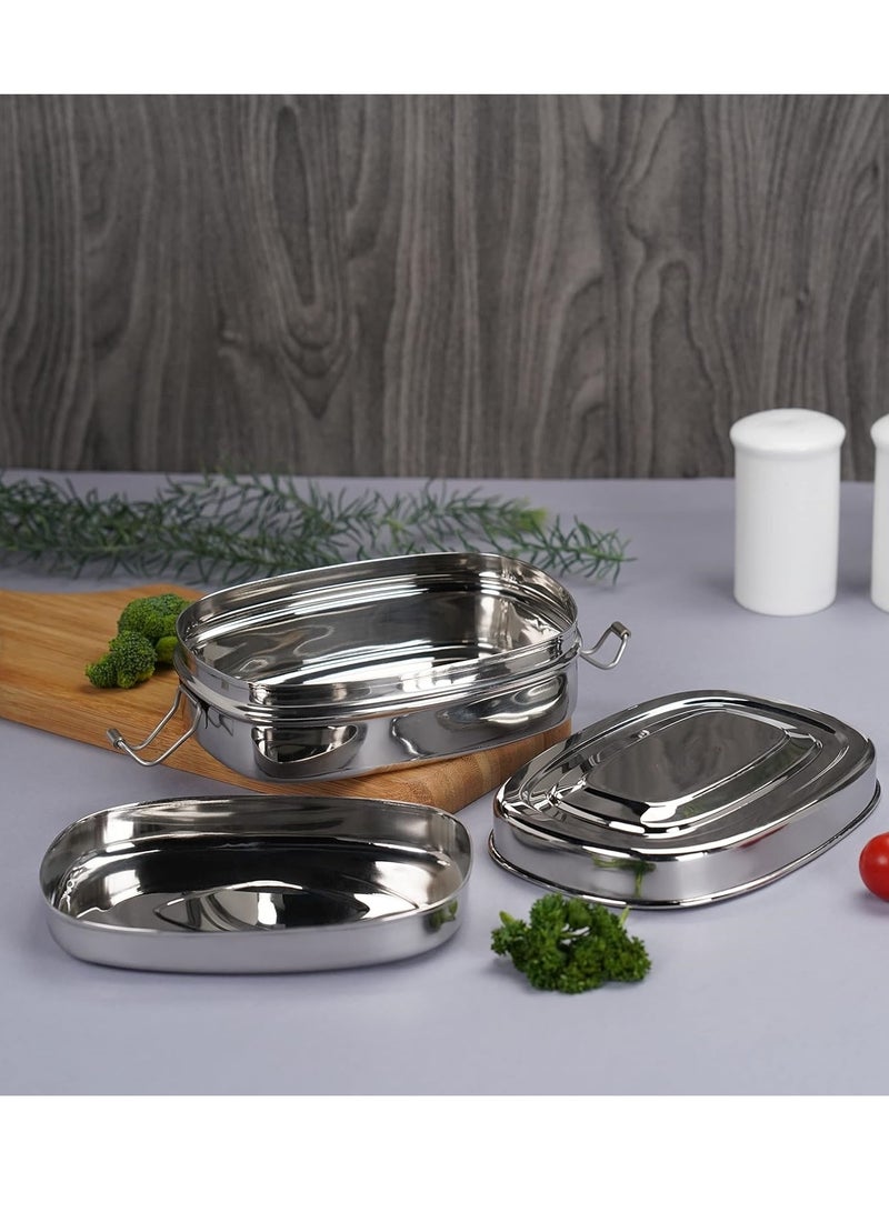Stainless Steel Tiffin Lunch Box Rectangle 2 Compartments and Locking Clip Large