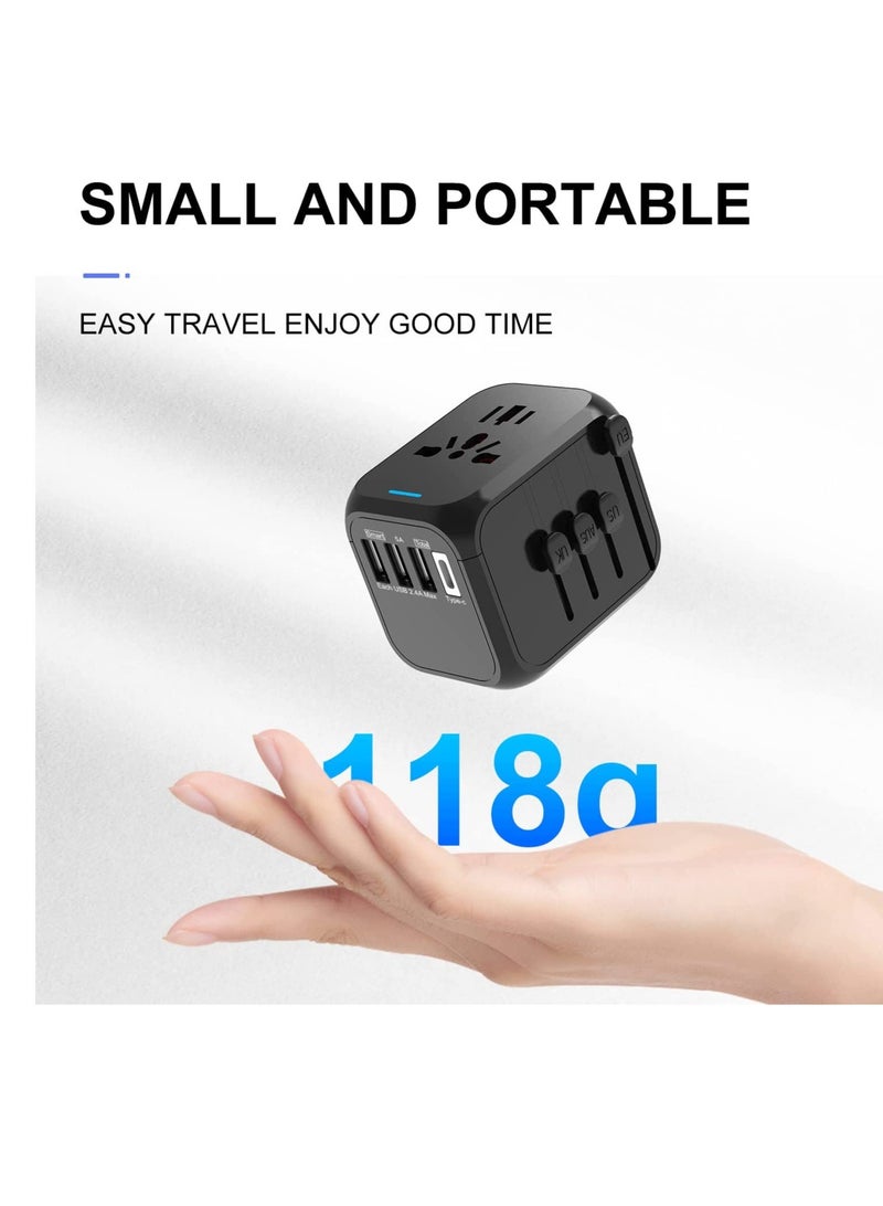 International Power Plug Adapter with 3 USB Ports & 1 Type-C Port (5V/3A), 4 AC Outlet Adaptor Charger for US to Most of Europe Iceland Spain Italy France Germany