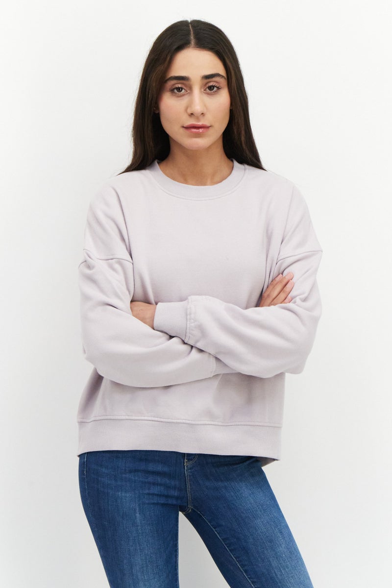 Women Crew Neck Plain Long Sleeve Fleece Sweatshirt, Lavender