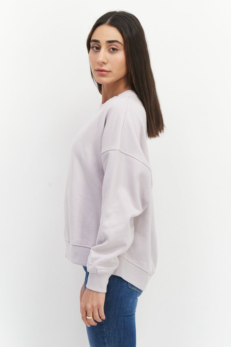 Women Crew Neck Plain Long Sleeve Fleece Sweatshirt, Lavender