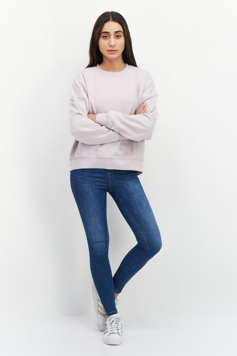 Women Crew Neck Plain Long Sleeve Fleece Sweatshirt, Lavender