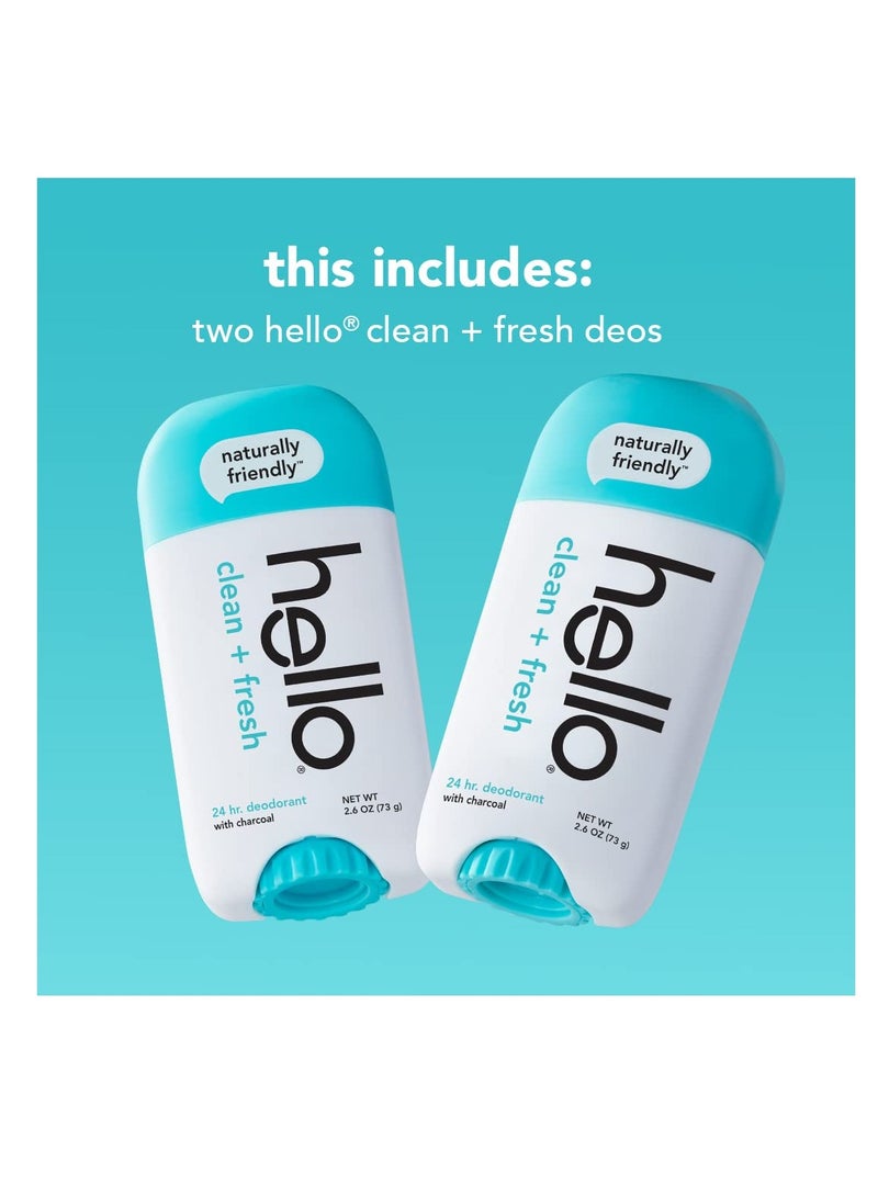 hello Activated Charcoal Fresh and Clean Deodorant for Women + Men, Aluminum Free, Baking Soda Free, Parabens Free, 24 Hour Odor Protection, 2.6 Ounce, 2 Pack