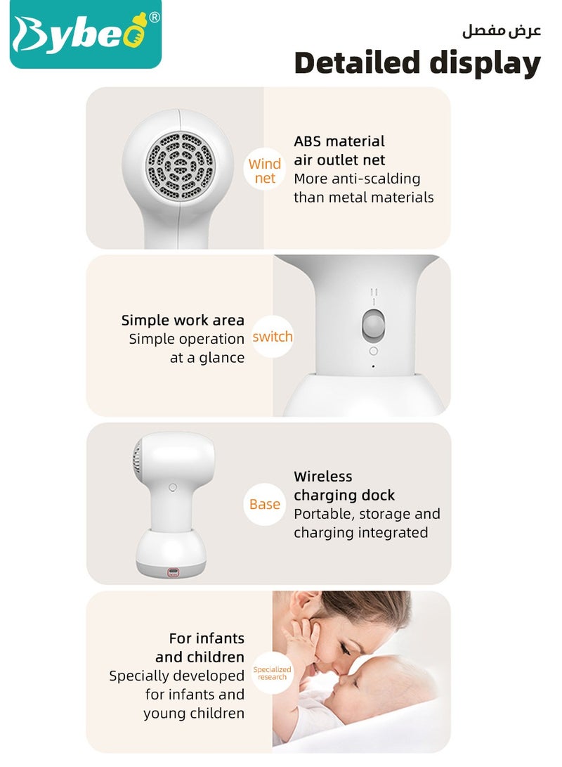 Kids Cordless Hair Dryer, Portable Mini Hair Dryer for Toddlers, Low Noise Baby Hair Dryer for Diaper Rash Prevention, Gentle Heat for Children's Skin, 500 Watt, Wireless Charging, Lightweight, White