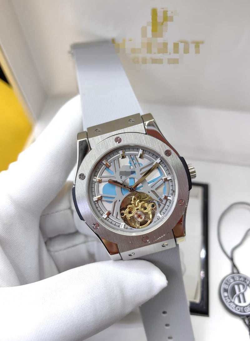 Elegant Skeleton Dial Watch with White Rubber Strap