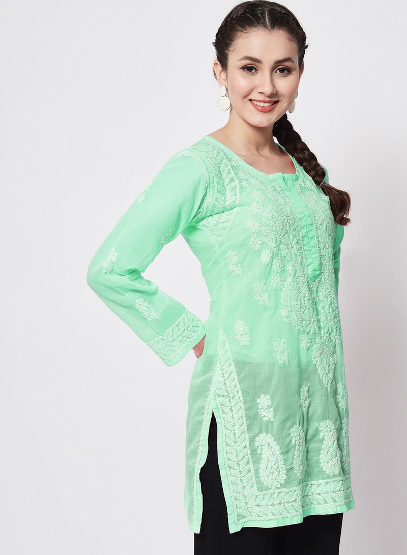 Hand Embroidered Chikankari Cotton Straight Kurti-AL3595