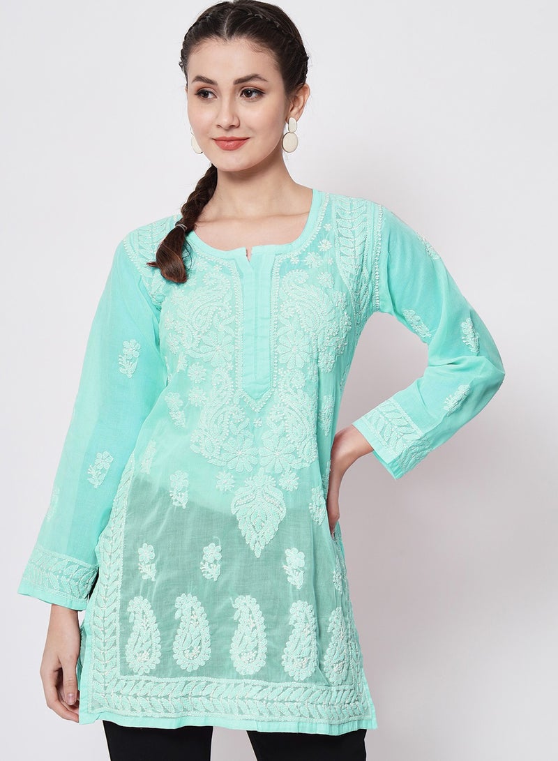 Hand Embroidered Chikankari Cotton Straight Kurti-AL3595