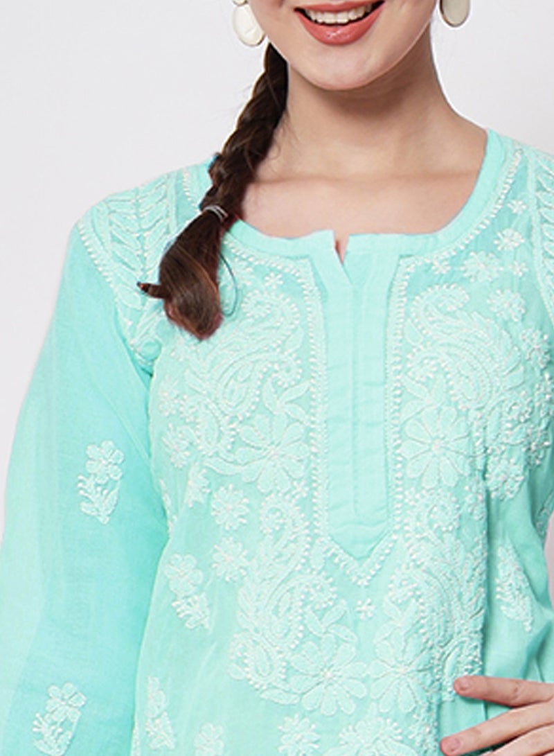 Hand Embroidered Chikankari Cotton Straight Kurti-AL3595