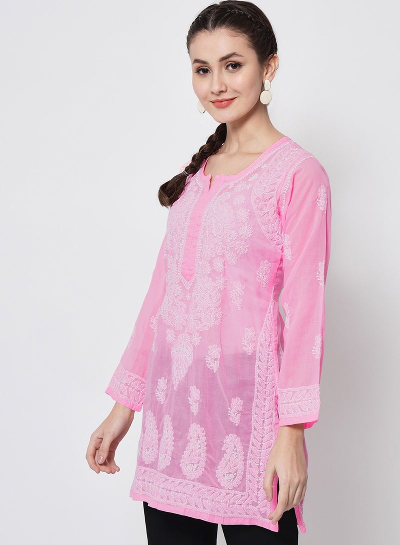 Hand Embroidered Chikankari Cotton Straight Kurti-AL3595