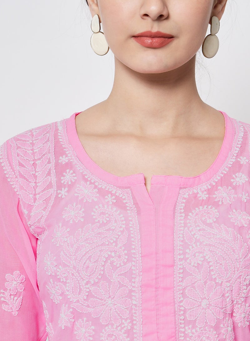 Hand Embroidered Chikankari Cotton Straight Kurti-AL3595