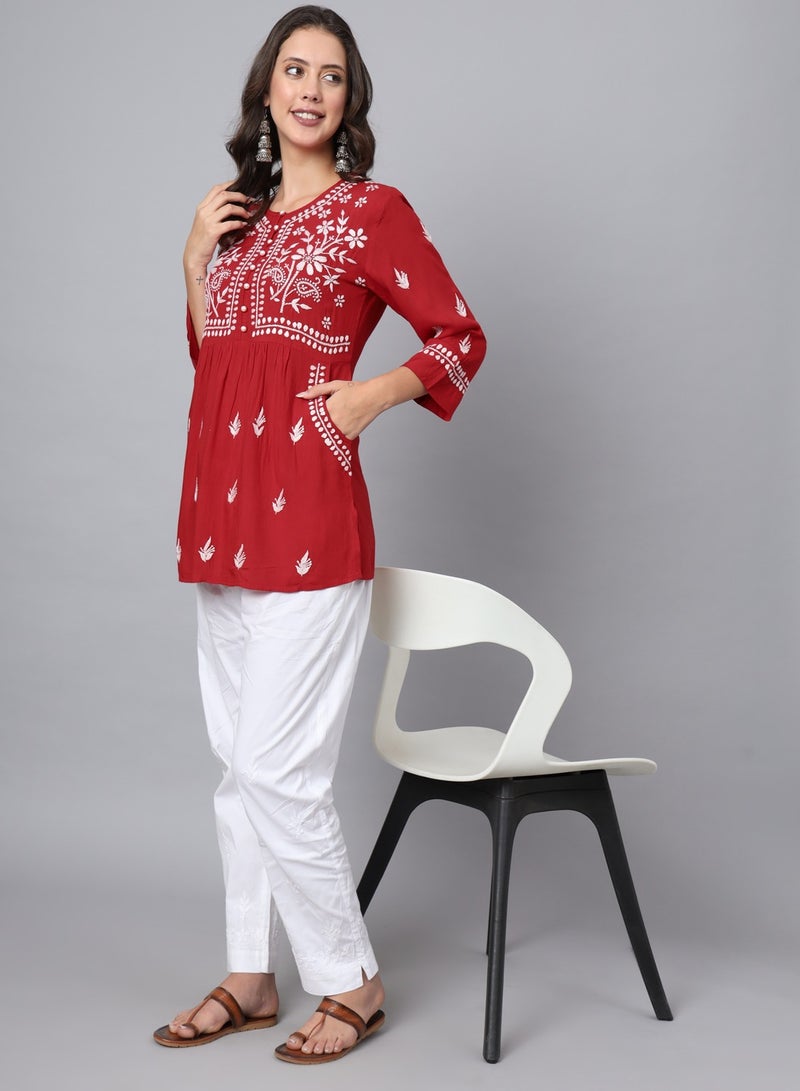 Women Hand Embroidered Chikankari Rayon Kurti-AL3696