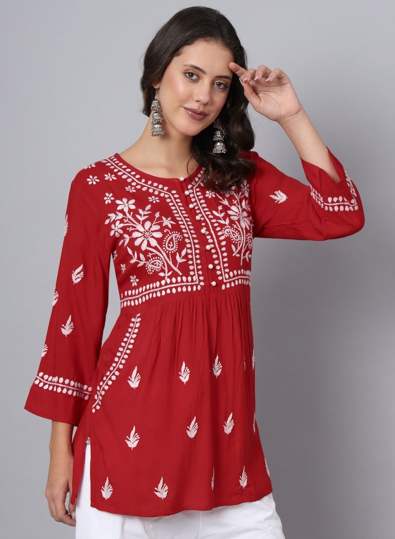 Women Hand Embroidered Chikankari Rayon Kurti-AL3696