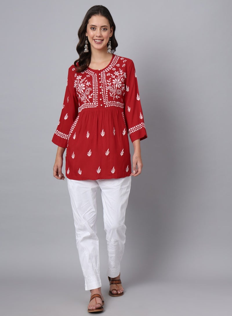 Women Hand Embroidered Chikankari Rayon Kurti-AL3696