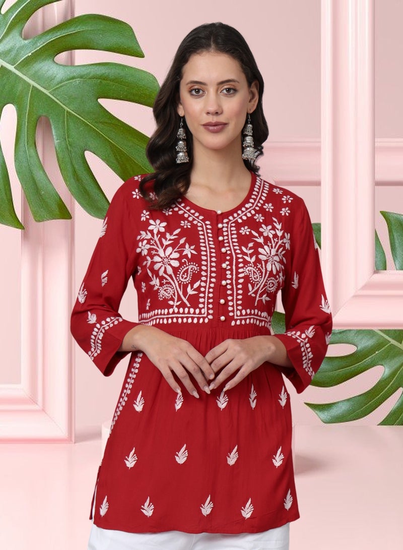 Women Hand Embroidered Chikankari Rayon Kurti-AL3696