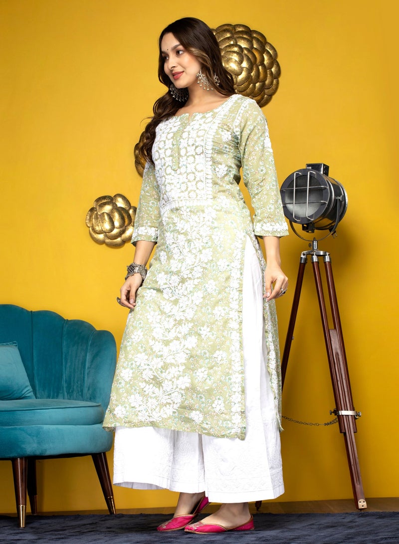 Women Hand Embroidered Chikankari Cotton Kurta-AL3637