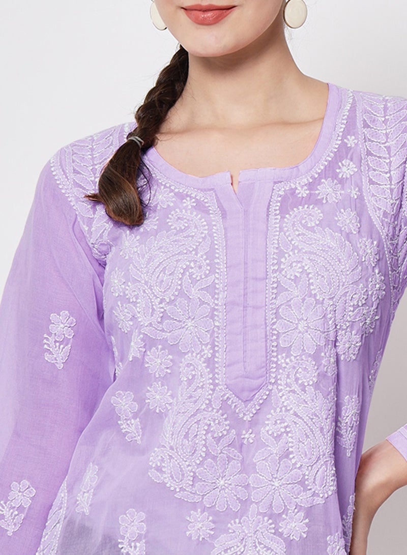 Hand Embroidered Chikankari Cotton Straight Kurti-AL3595