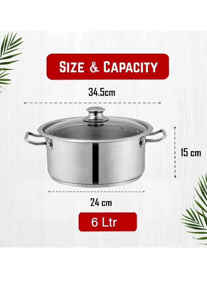 SONEX Mega Super Pot, 24 cm (6 Ltr) Stainless Steel Cooking Pot/Casserole – Durable Handles, Glass Lid, Sandwich Bottom for Even Heating, Sleek Modern Design for Efficient and Stylish Cooking