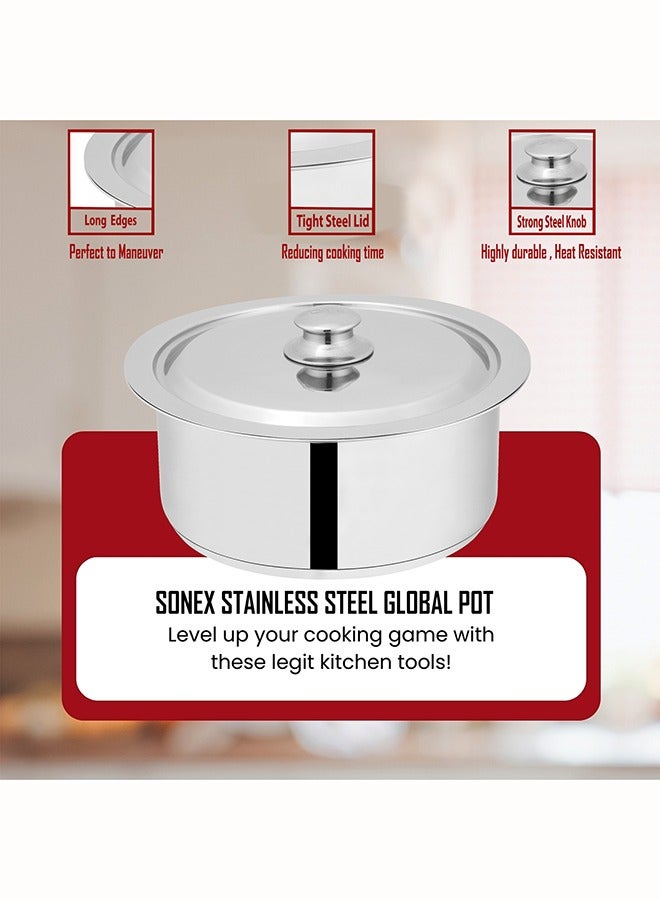 SONEX Global Cooking Pot Tope Set – Premium Stainless Steel with Lid, 24 cm, Energy Efficient Sandwich Bottom, Long Edges for Stability, Ideal for Healthy Cooking, Durable & Versatile Design