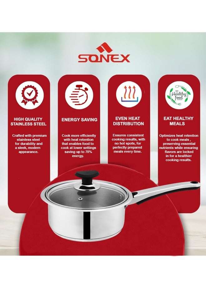 SONEX Mega Stainless Steel Sauce Pan, 16 cm (1.5 Ltr) with Glass Lid – Ergonomic Cool Handle, Sandwich Bottom, Sleek Modern Appearance, Ideal for Sauces, Soups & More