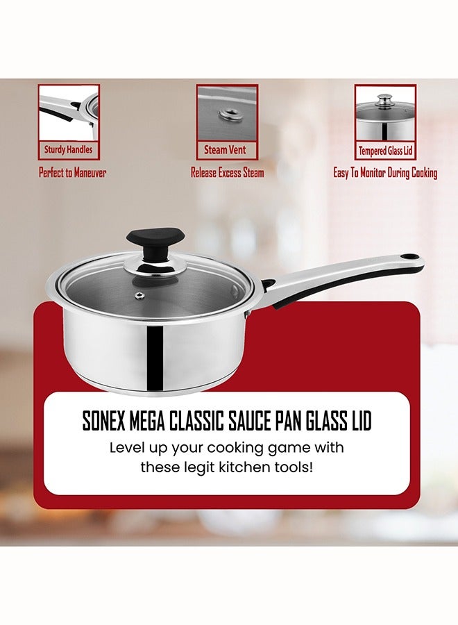 SONEX Mega Stainless Steel Sauce Pan, 16 cm (1.5 Ltr) with Glass Lid – Ergonomic Cool Handle, Sandwich Bottom, Sleek Modern Appearance, Ideal for Sauces, Soups & More