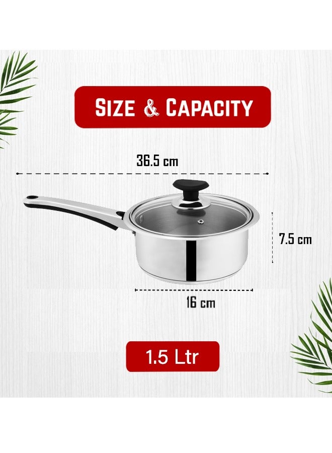 SONEX Mega Stainless Steel Sauce Pan, 16 cm (1.5 Ltr) with Glass Lid – Ergonomic Cool Handle, Sandwich Bottom, Sleek Modern Appearance, Ideal for Sauces, Soups & More