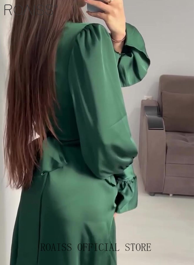 Puff Sleeves Waisted Ankle-Length Skirt for Women Half Turtleneck Waist Slim Long Sleeves Banquet Dress Ladies Advanced Elegant Temperament Comfortable Skin-Friendly Evening Gown Dress