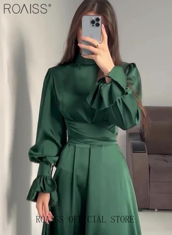 Puff Sleeves Waisted Ankle-Length Skirt for Women Half Turtleneck Waist Slim Long Sleeves Banquet Dress Ladies Advanced Elegant Temperament Comfortable Skin-Friendly Evening Gown Dress