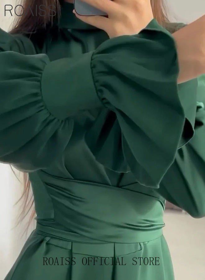Puff Sleeves Waisted Ankle-Length Skirt for Women Half Turtleneck Waist Slim Long Sleeves Banquet Dress Ladies Advanced Elegant Temperament Comfortable Skin-Friendly Evening Gown Dress